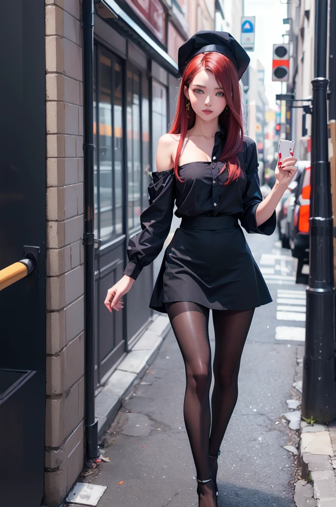 1woman, fully body, long hair, redheadwear, blue colored eyes, face perfect, perfectbody, medium chest, black shirt with neckline, Black Skirt, high-heels, pantyhose