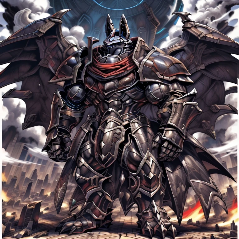 (masterpiece. official art. 8k. best quality. detailed full body. full body.)
(situation 1 : dominating LUCARIO. LUCARIO is over 1000 meters long. focus GIANT mechanical Muscular LUCARIO is trampling the city. Looking down. macro. stomp. Low-angle perspective. emphasizing the immense size.)
(situation 2 :smoke and flames rising from the destruction in the city)
(Additional details 1: BlackKnight_fe. Armor. Cape. Helmet. Sword. wearing a full-face helmet. high-tech bio-mecha armor. real texture material. whole body shines like metal. Wearing cyberpunk mecha. emphasizes the muscles. suit fully made of metal. intricate armor. Robotic suit. suit fully made of metal. cyborg. Powered exoskeleton with the same design as LUCARIO).
(Additional details 2: Detailed head. Detailed Body. Detailed abs. gigantic muscles. HYPER MUSCLES. Gigachad Muscular. big muscle. pecs. triceps. traps. unusually developed muscular body. body full of huge muscles. showing off muscles. pectorales enormes. Exaggeratedly huge muscles. huge muscles. long legs.).
(Additional details 3: nj5furry, Spread wings. It has wings. black have big wings. The claws are sharp. Sharp teeth.).
(Additional details 4: tiny thong, metallic color: jet black thong. bulge in the crotch.)