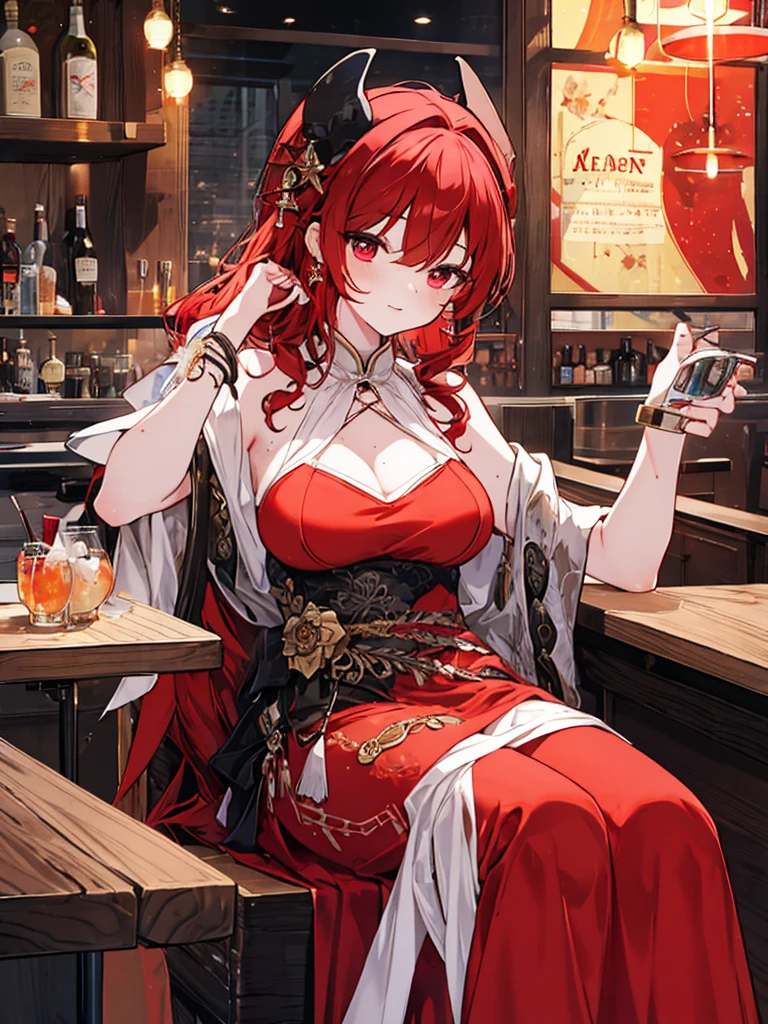 Long skirt, Anime style painting, An illustration, liquor, Woman sitting at a bar drinking a cocktail, look back, back, 背景の棚には多彩な色のliquor瓶が並んでいる, Quiet bar, Calm expression, Perfect hands, elder, Red Hair, The dignity of a 50-year-old, ほろ酔いのwoman, solo、(Highly detailed background:1.0)、(Highly detailed background:1.0)、masterpiece、Highest quality、(Babes)、Fractal Art、Red eyes、Narrow eyes、Black and red dress, Reddish lips、From the shoulders up、smile、One Woman、Red long ponytail, Curly Hair, Red eyes,Golden accessories, solo, Big Breasts, woman, Take-out, Provocative laughter,40 year old woman,Queen of Sadism, Highly detailed background, Perfect Human Medicine,