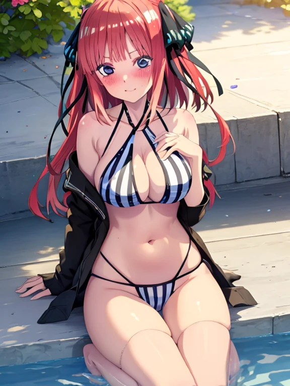 best quality, insanely detailed, nino nakano, breasts, blush, swimsuit, halterneck, striped, flower print,