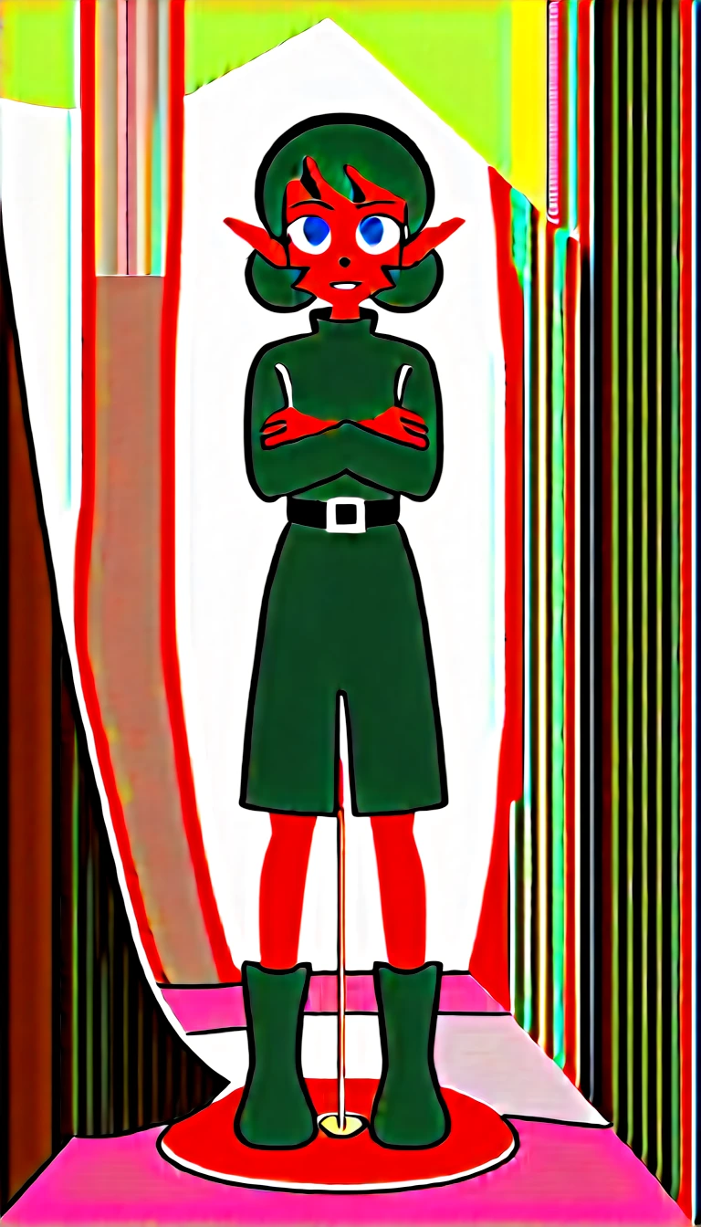 zPDXL,1((girl, solo))
saria, green hair, hairband, blue eyes, green attire, long sleeves, sweater, turtleneck, tunic, belt, green boots, short green shorts, looking at viewer,serious, smiling, standing, arms crossed, medium shot, forest, sunlight,((wetting self, pee stains, puddle))
 