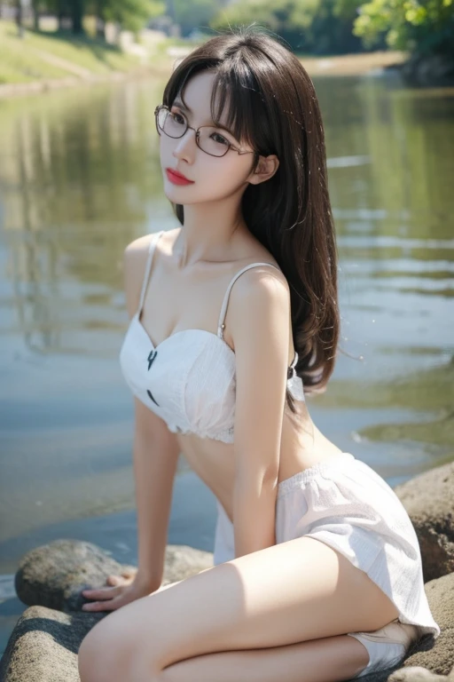 Highest quality、masterpiece、High sensitivity、High resolution、Detailed Description、One Woman、Slim Body、Glasses、River shallow waters、Sit on the ground、