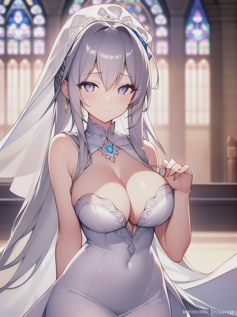 A girl,Long hair, Bangs, White hair, Hair between the eyes, Purple Eyes:(1.5), (Large Breasts:1.2),
rest 锁骨, Wedding dress,veil,wedding,White dress,Flowers,Broken skirt,White socks,Tights,White knee socks,
looking at viewer, whole body,
indoors, church,Standing,Standing,
rest (masterpiece:1.2), best quality, high resolution, Unity 8k Wallpaper, (illustration:0.8), (Beautiful and delicate eyes:1.6), Extremely detailed face, Perfect lighting, Extremely detailed CG, (Perfect hands, Perfect anatomical structure),