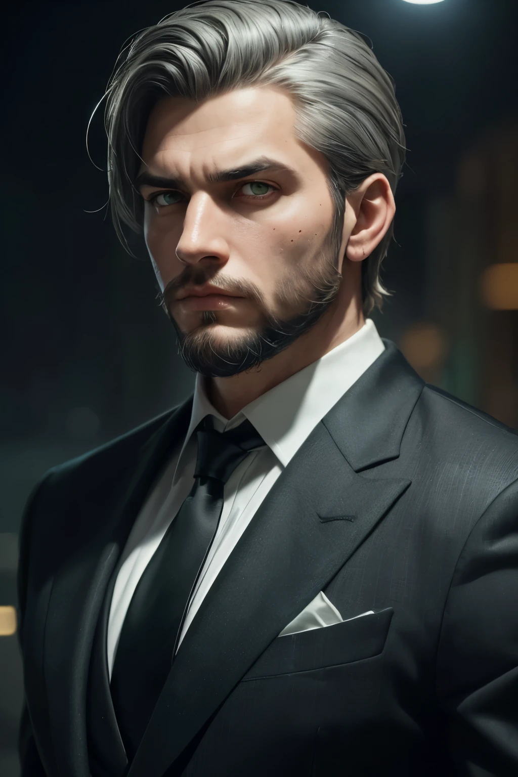 (An attractive man with perfect body with grey hair and green eyes with a serious and mysterious look)), ((one man)), (((Wearing mafia costumes))), ((formal clothes)) ((Mafia boss)), ((1920 costumes)), ((absurdres)), (masterpiece 1.3), (incredibly detailed), (highres:1.1), (high detailed skin:1.4), (high quality lighting), (skin texture), (UHD), (64K), (studio lighting), (photorealistic), (hyper realistic), (symmetric face), (unreal engine), (bokeh), (high resolution scan), (professional photograph), ((stunning handsome man)), ((short beard)), ((stoic)), ((stern looking)) , ((symmetrical eyes)), (strong jawline), (green eyes), (grey hair), (short hair), (1man), (solo), (dark atmosphere), (Dynamic poses), (masterpiece,best quality) ,