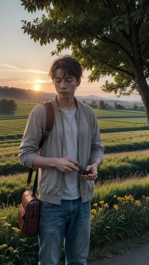 An image of a sunrise in the countryside, where a man is putting a viola in a bag, ready to travel. The scene should convey a feeling of freedom and tranquility, with soft colors and an atmosphere of peace.