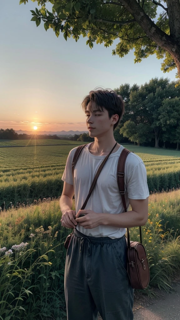 An image of a sunrise in the countryside, where a man is putting a viola in a bag, ready to travel. The scene should convey a feeling of freedom and tranquility, with soft colors and an atmosphere of peace.