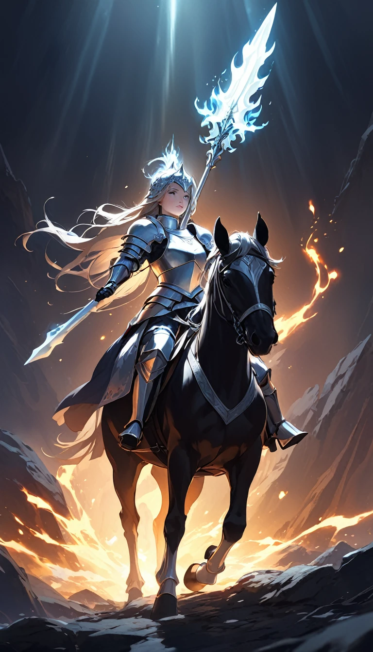 A female knight on horseback. She is holding a spear. She has a white flower on her head. She has a glowing aura around her. The background is black.
