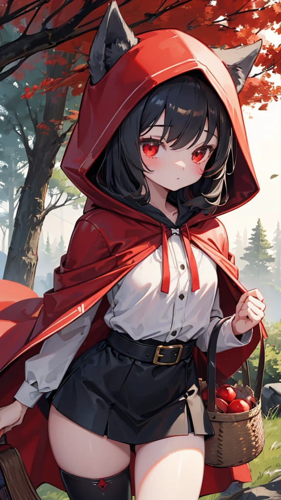 grace，Cool girl，Handsome girl，little Red Riding Hood，Red Cape，Red hood斗篷，Forest Background，Forest Background，Hooded girl with a basket，Wave Girl，Wolf Ear Girl，Wolf Ear Hood，Red hood，Close-up above the waist，Tight leather jacket，hunter style，Tights