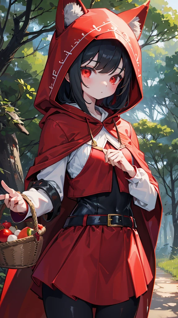 grace,Cool girl,Handsome girl,little Red Riding Hood,Red Cape,Red hood斗篷,Forest Background,Forest Background,Hooded girl with a basket,Wave Girl,Wolf Ear Girl,Wolf Ear Hood,Red hood,Close-up above the waist,Tight leather jacket,hunter style,Tights