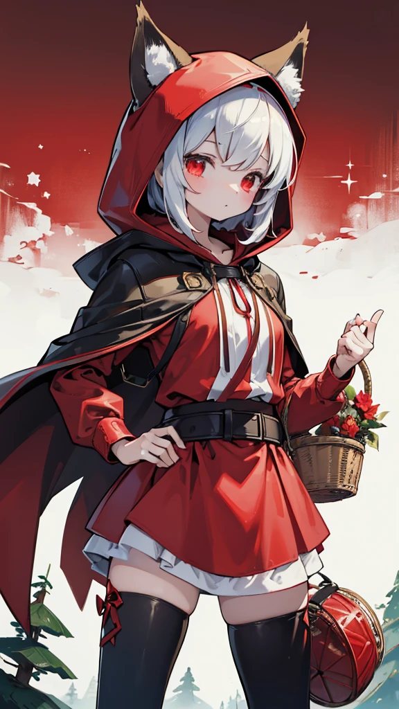 grace，Cool girl，Handsome girl，little Red Riding Hood，Red Cape，Red hood斗篷，Forest Background，Forest Background，Hooded girl with a basket，Wave Girl，Wolf Ear Girl，Wolf Ear Hood，Red hood，Close-up above the waist，Tight leather jacket，hunter style，Tights