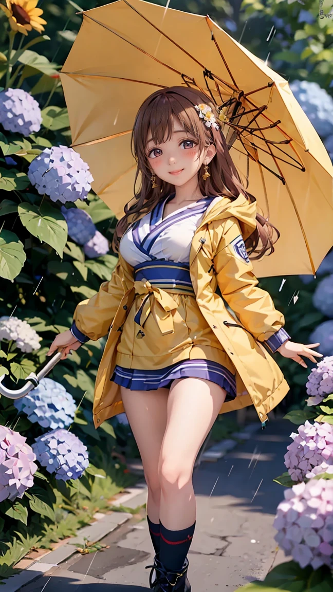 ((((highest quality)))), (((Ultra-precision CG 16K))), (((masterpiece))), (((Very detailed))), (((Extremely detailed))), (((Black outline:1.3, Written boundary depth:1.3 , Written soft outline))), Blur, Bokeh, Maximum clarity and sharpness,Multilayer Texture, Surface Shading, Cinematic lighting, Beautiful details sparkle ,Perfect Proportions, Limited to three woman, BREAK accurate, Anatomically correct, Highly detailed face and skin texture, drawn in detail, Highly detailed facial and skin texture, Detailed eyes, beautiful hair, Beautiful Japanese Idol face, Beautiful and beautiful eyes, Beautiful body, Beautiful breasts, Beautiful thighs, Beautiful legs, Beautiful fingers, (Beautiful views) , skinny body, ((Beautiful Skin)), ((Skin Texture)) BREAK breast enlarged, large Breasts, rocket breasts, slender waist, (blush, smiling:1.3,) BREAK (((yellow raincoat:1.3 , yellow rain boots , race queen uniform:1.3, midriff peek))) , wearing earrings, BREAK ((( a girl squatting , holding on a umbrella with left hand, rainbow, sunny rain , hydrangeas, frog, stick breast out))),(serious, full body shot, long shot , from front:1.3 , from above:1.3,),