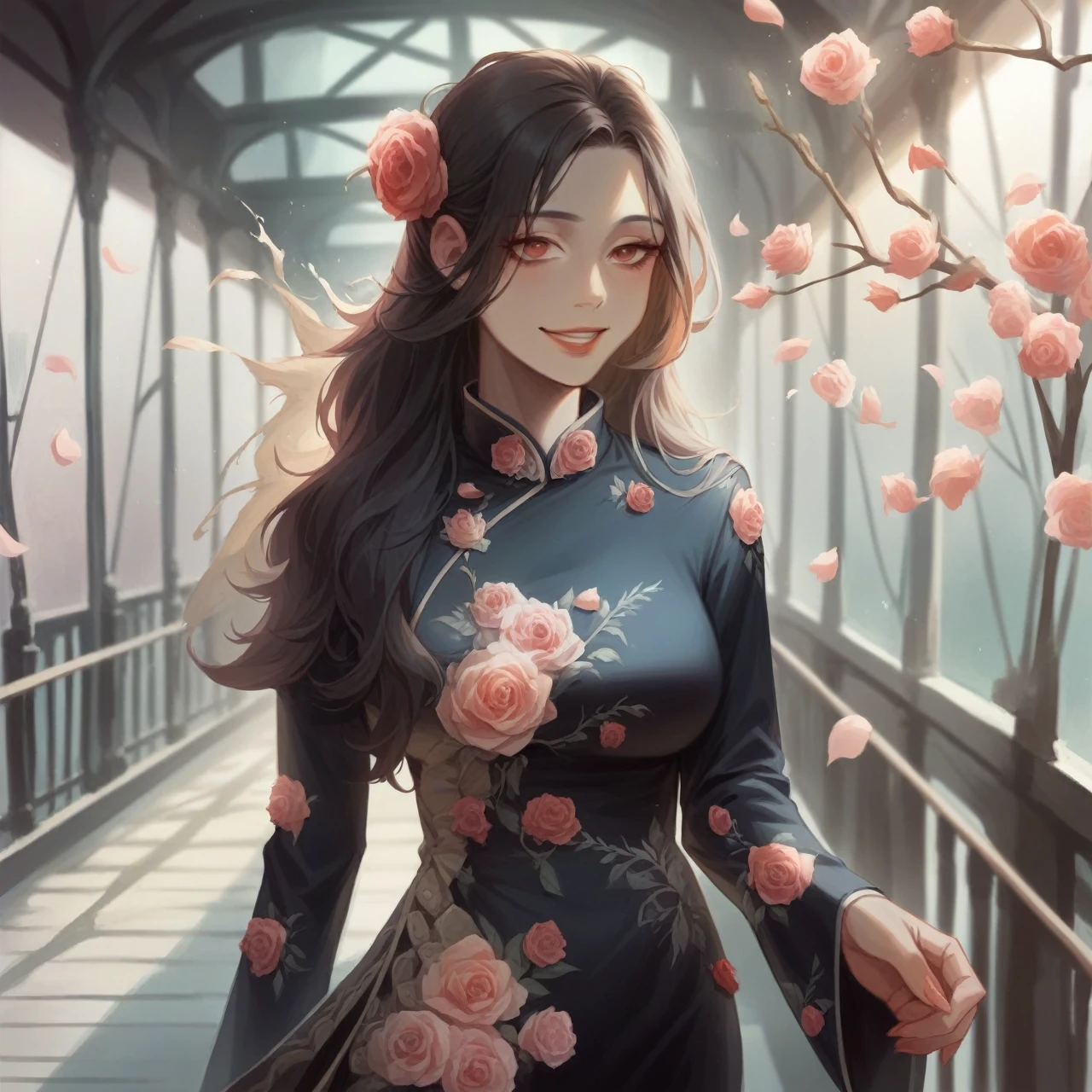 realistic 4D caricature of an beautiful thai-japanese female seated at a chair with an elegant setting. She is wearing a dark red medium sleeve dress adorned with fur trim and rose details. In front of her is a glass that contains a dark red liquid, which could be wine, and there are dark red roses nearby. She is smile dimple facing to the camera. It seems to convey a sense of sophistication or preparation for a celebratory event.