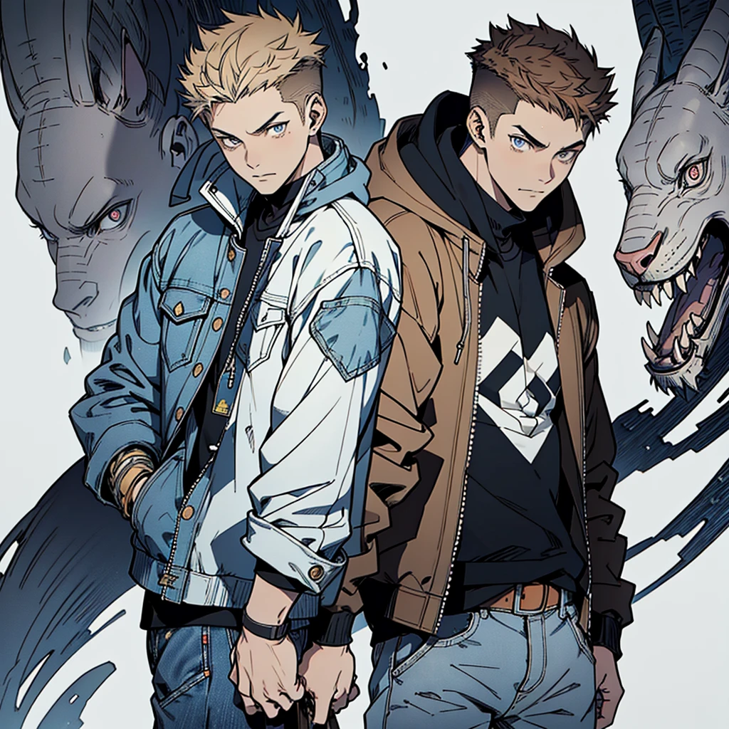 Human Male 21 year old, clear skin , Brown fade haircut, Dark pupils, hoodie under,wearing Pants , wearing Denim Jacket , manga Style , blue pupils