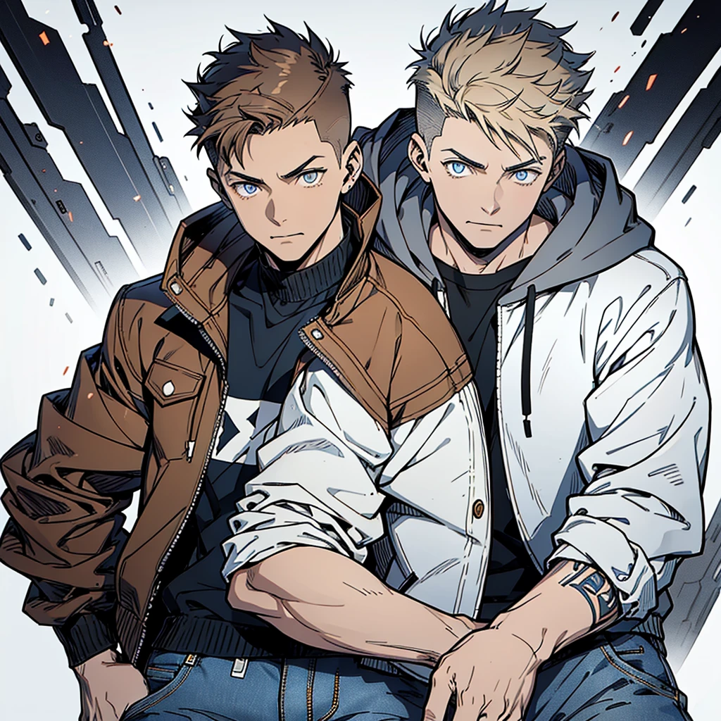 Human Male 21 year old, clear skin , Brown fade haircut, Dark pupils, hoodie under,wearing Pants , wearing Denim Jacket , manga Style , blue pupils