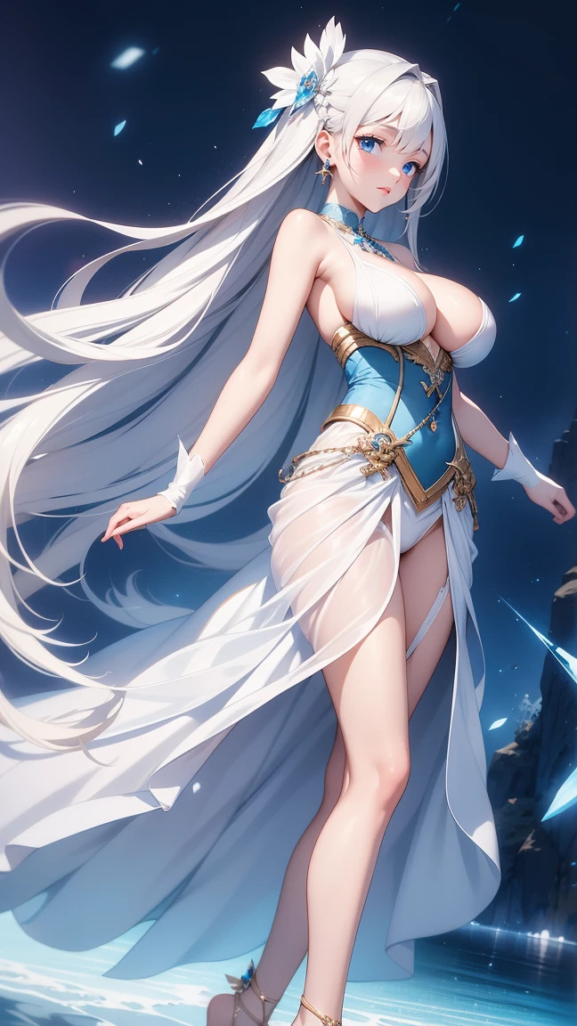 (masterpiece),((Highly detailed long silver hair)),((expressive blue eyes)),Highly detailed white dress,deep cleavage,serious expression,extremely beautiful woman,((detailed huge breasts)), pale white skin,silver jewelry,best quality,cel shading,etherial light,masterpiece, 8K HD,highly detaild face, highly detaild eyes,flat color, wide angle,ufotable anime style,fantasy style,3d art style,((surrealist art style)),light particles,fullbody view angle,bokeh overlay,ice effects,glassy texture, bare feet,exposed legs,standing