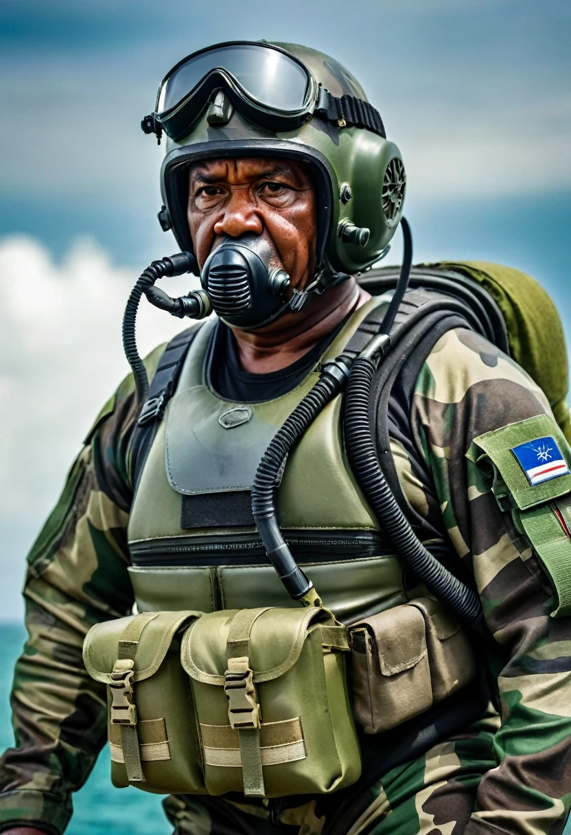 (a dark-skinned fat old man in a bulky camouflage zipper diver suit) carrying a rifle and (wearing air force pilot helmet with oxygen mask), muscular, Basuki Abdullah, sumatraism, action, a character portrait, heroic, fierce, snarling