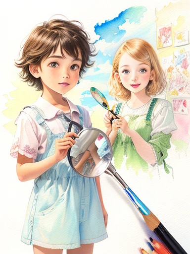painting of a boy and girl with a magnifying glass, by Alice Prin, childrens illustration, children's illustration, children illustration, boy and girl, by Yuko Tatsushima, by Kathleen Guthrie, by Maggie Hamilton, added detail, by Amelia Peláez, inspired by George Grosz, by Judith Brown, crayons and watercolor sketch, chucky style