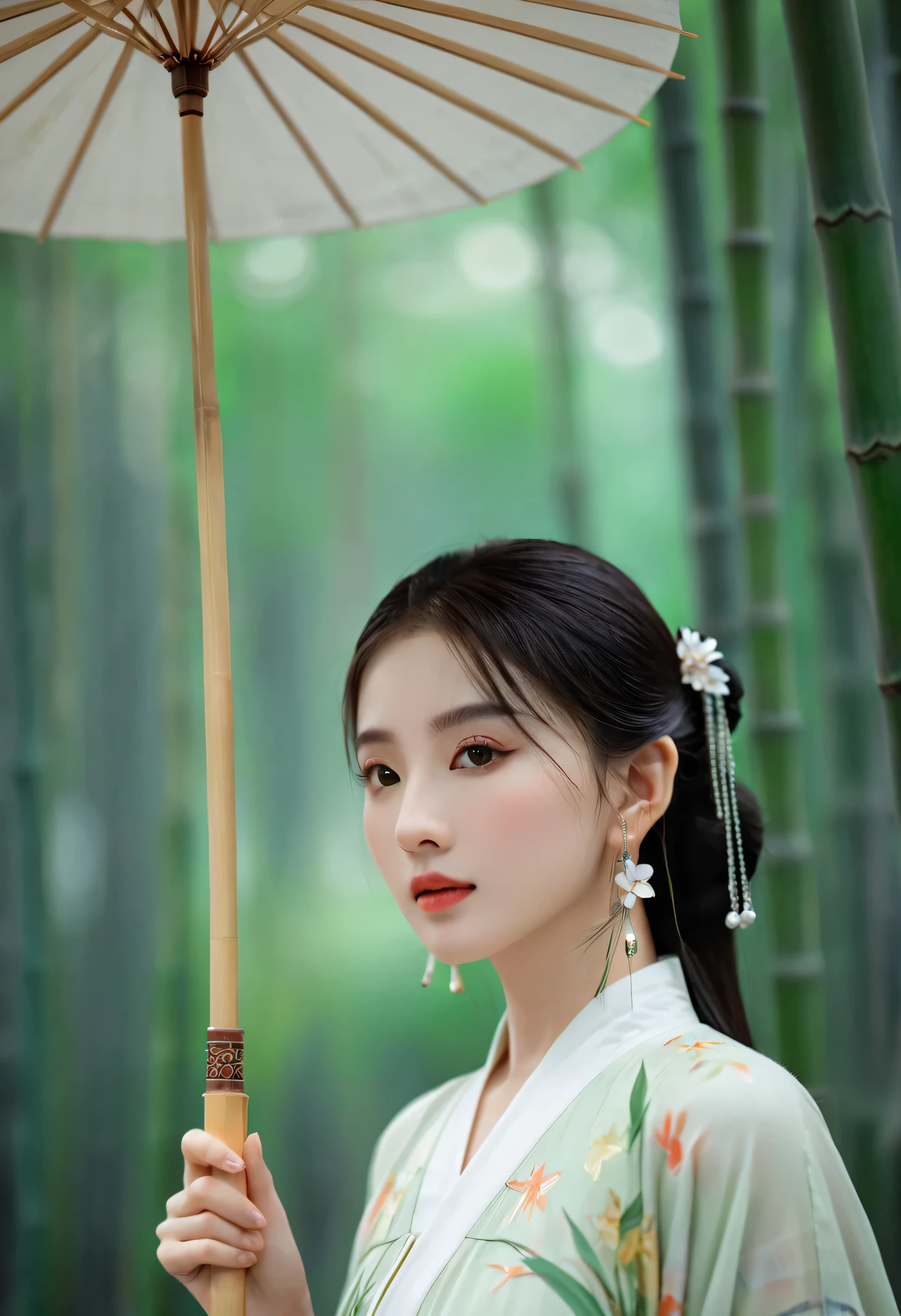 Masterpiece, extremely detailed CG unity 8k wallpaper, 1 girl, beautiful, realistic, blur, blurred background, blurred foreground, bamboo forest, depth of field, earrings, jewelry, nose, realistic, solo, hanfu, holding oli paper umbrella, rain