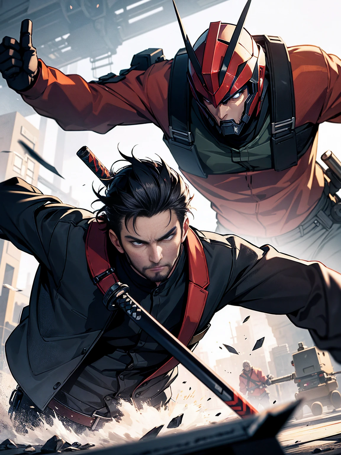 Adult man; stubble; western clothing; collision of katana blows in a fight against a robot using a sword