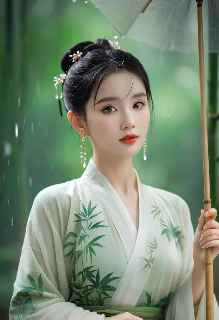 Masterpiece, extremely detailed CG unity 8k wallpaper, 1 girl, beautiful, realistic, blur, blurred background, blurred foreground, bamboo forest, depth of field, earrings, jewelry, nose, realistic, solo, hanfu, holding oli paper umbrella, rain