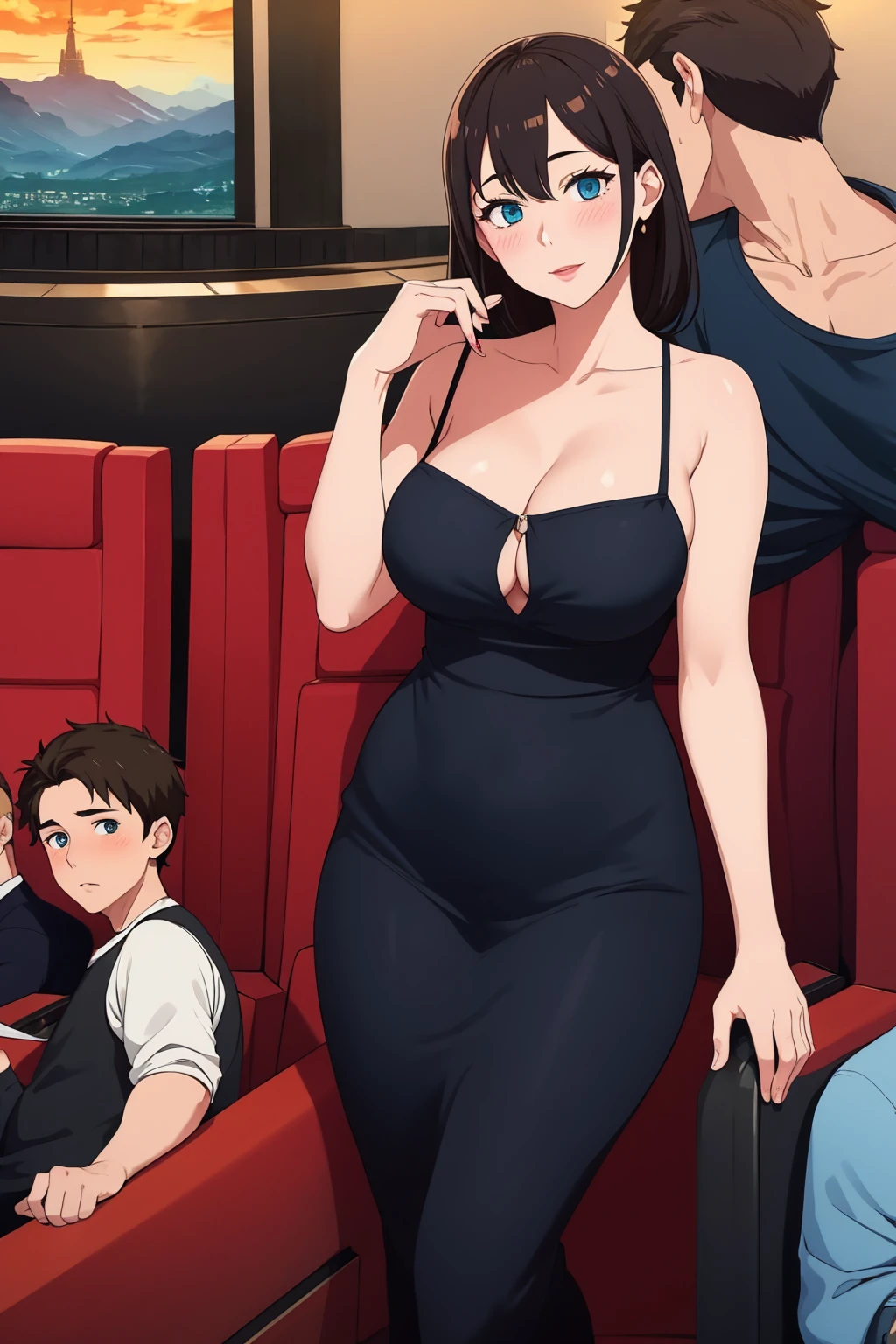 (masterpiece, best quality:1.2), 1girl,mature lady, age difference,(1boy, faceless male),breasts, blush, looking at viewer,in movie theatre