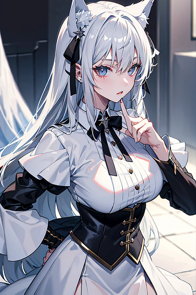 best qualtiy，tmasterpiece，The is very detailed，4K，Gray hair and shallow eyes，Drag cool expressions，Wolf ears，Erect scar on the left eye，British style，1girl，Absolutely beautiful, big bust, white costume, ear ribbon
