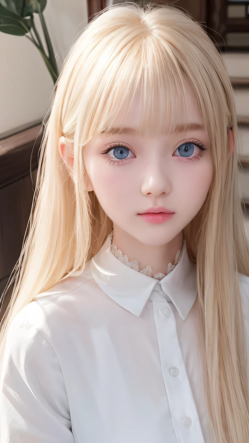 A very cute blonde beauty、Cute 、Very beautiful bright pale light blue large eyes、Very big eyes、Gloss Face、Snow-white glossy skin、Cheek gloss highlighter、Super long hair、Ample Bust、Beautiful bangs between the eyes、Small Face Beauty、round face、eyeliner