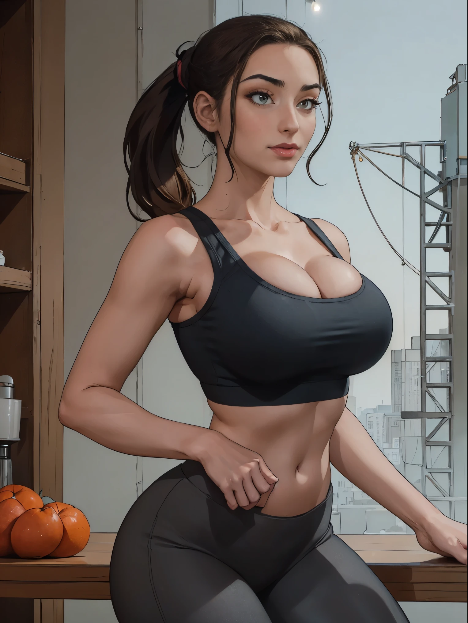 (masterpiece, top quality, best quality, official art, beautiful and aesthetic:1.2), (1girl:1.3), long dark brown hair, ((loose ponytail)), extremely detailed, portrait, looking at viewer, solo, (full body:0.6), detailed background, close up, mischievous green eyes, (warm nature theme:1.1), extremely slender brunette, jogging, running, huge lips, cheerful, mysterious, dark grey workout clothes, blue trim, sports bra, racerback, sleeveless, leggings, shorts, ponytail, slender, gigantic breasavage, skion, bouncing breasts, slim waist,ips, long legs, modern (city park exterior:1.1) background, bright optimistic lighting, shadows, magical atmosphere, dutch angle