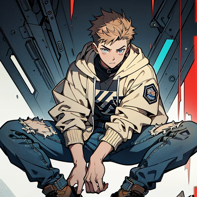 Human Male 21 year old, clear skin , Brown fade haircut, Dark pupils, hoodie under,wearing Pants , wearing Denim Jacket , manga Style , blue pupils ,((solo ))