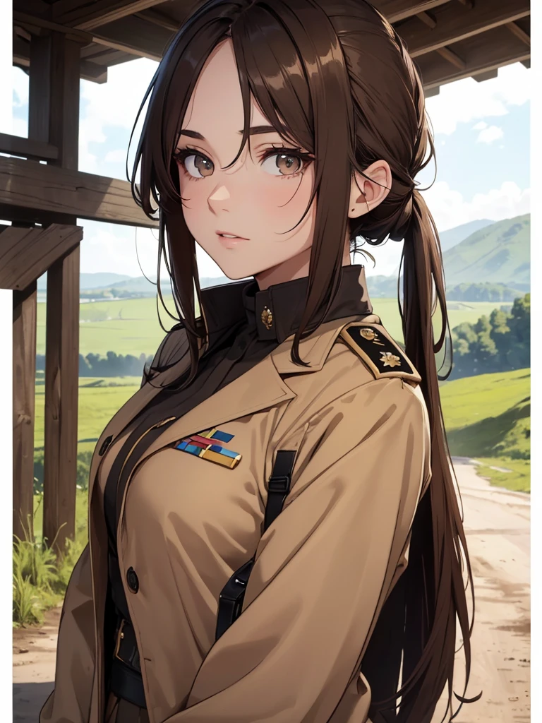 (8K, Best Quality, Masterpiece, Ultra High Resolution) 1 Girl, Woman, Beautiful Eyes, Face Details, Brunette Hair, Hair Tied Up, Brown Eyes, Pale Skin, Tan Colored Military Uniform, Tan Jacket, White Fitted Shirt, Military Badge, Outside, Dirt Road, Countryside, Best Quality, Upper Body, Looking at the Viewer, Facing Viewer, Close Up