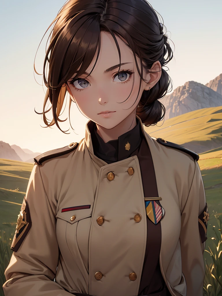 (8K, Best Quality, Masterpiece, Ultra High Resolution) 1 Girl, Woman, Beautiful Eyes, Face Details, Brunette Hair, Hair Tied Up, Brown Eyes, Pale Skin, Tan Colored Military Uniform, Tan Jacket, White Fitted Shirt, Military Badge, Outside, Dirt Road, Countryside, Best Quality, Upper Body, Looking at the Viewer, Facing Viewer, Close Up