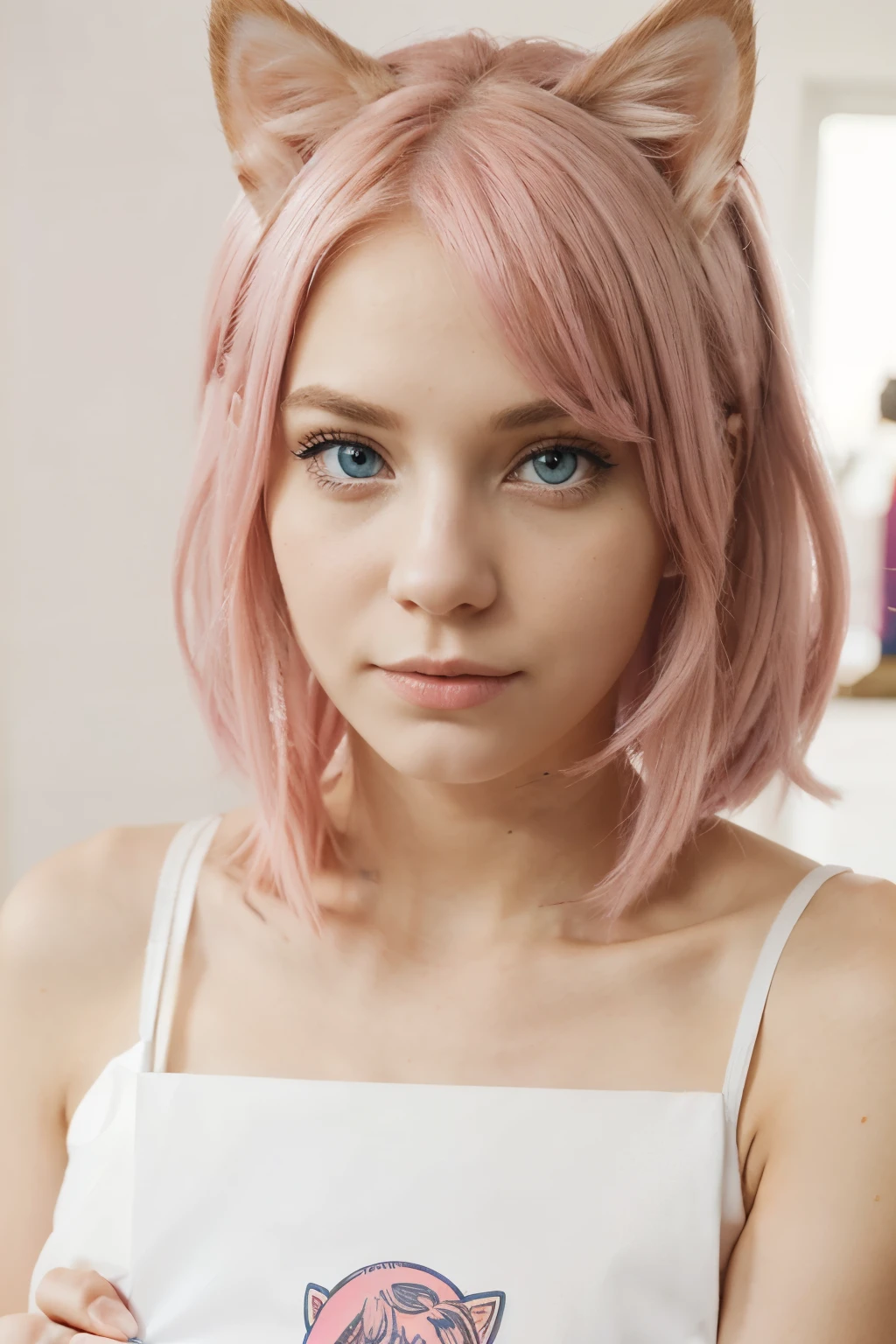 Cat, person, woman with pink hair and blue eyes inside white paper