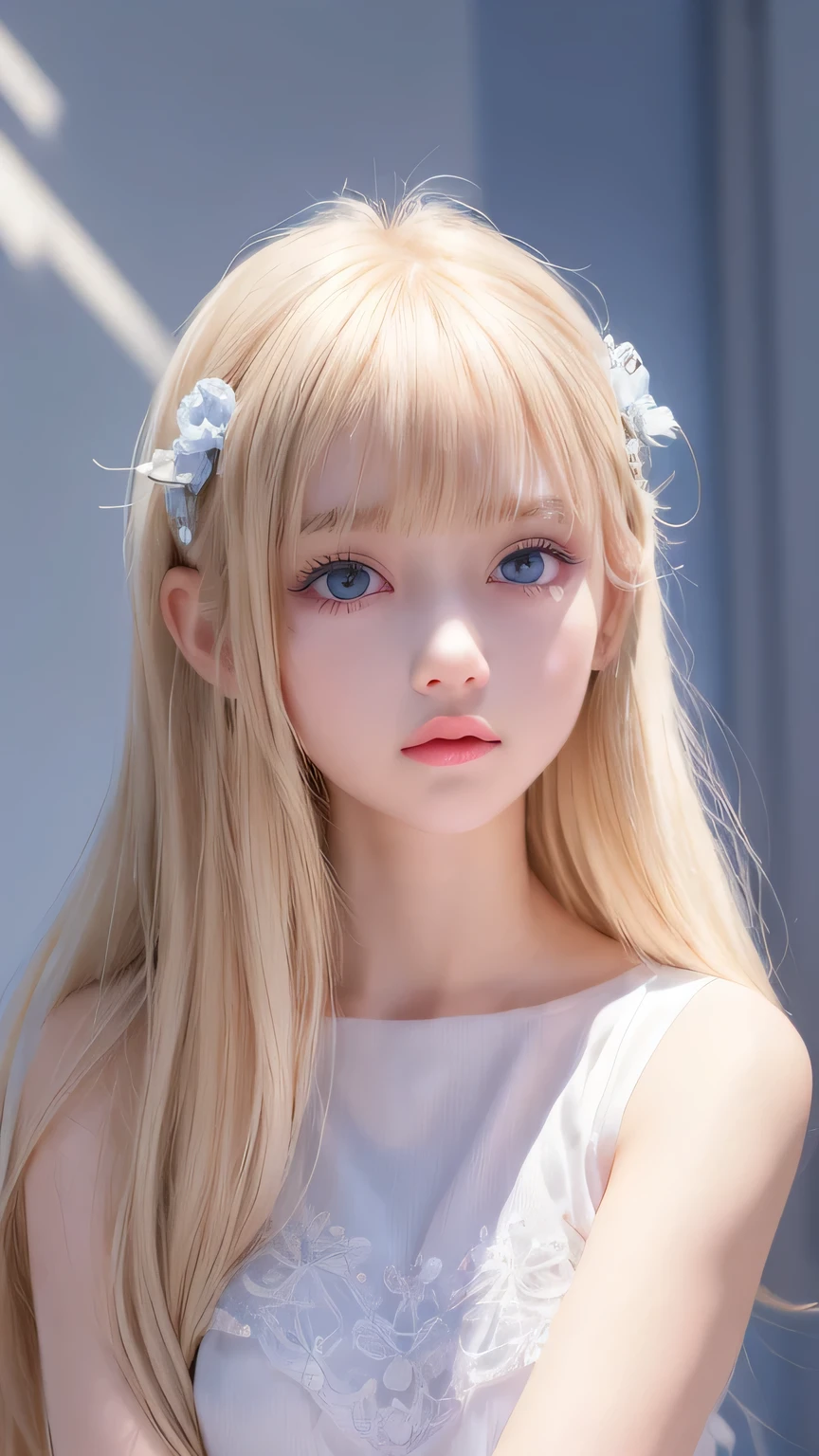 A very cute blonde beauty、Cute 、Very beautiful bright pale light blue large eyes、Very big eyes、Gloss Face、Snow-white glossy skin、Cheek gloss highlighter、Super long hair、Ample Bust、Beautiful bangs between the eyes、Small Face Beauty、round face、eyeliner