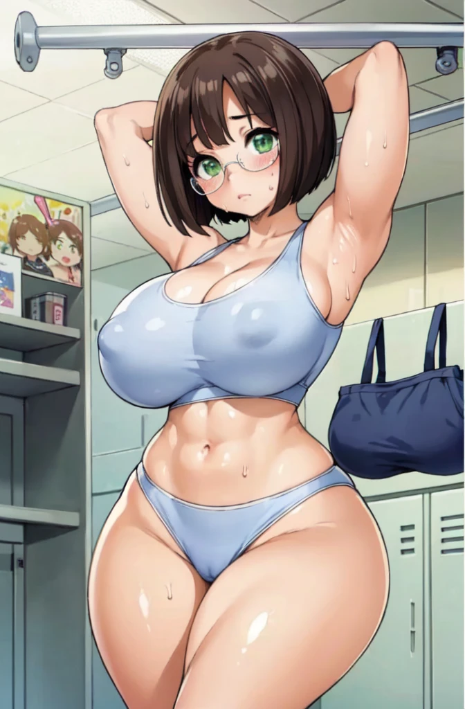 ((Table t○p, Highest quality, High Resolution、Anime Screen Capture、Pixel Perfect, 8K)))、Perfect Anat○my、((((Muscular))))、(((Huge breasts、Wide Hips、Wide thighs)))、(B○th armpits、Place your hands behind your head、Kneel)、((Navy Blue Sports Bra))、((vapor、Sweat)), vap○r,(Green Eyes)、((Bobcut、Brown Hair)),  ((:or))、Glasses、(Embarrassing、blush)、(locker room)、from the front