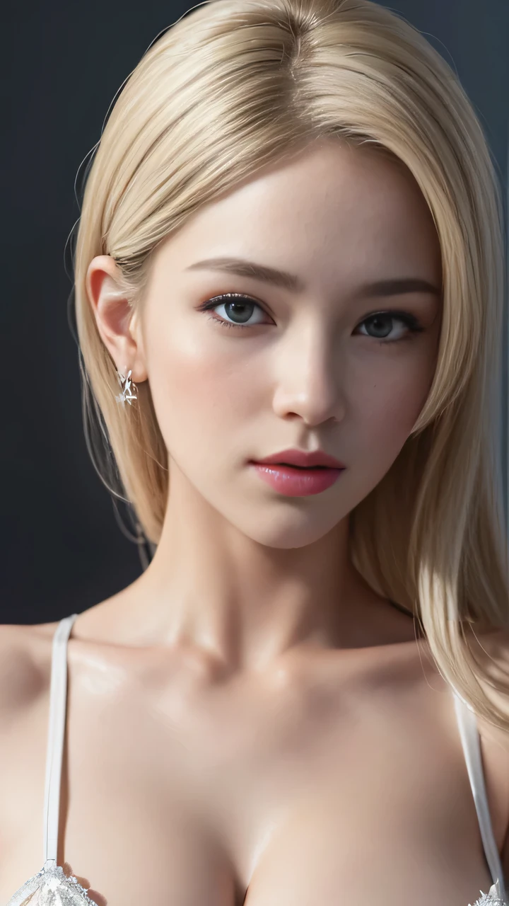 (RAW photo, best quality, masterpiece:1.2),(super realistic, photo-realistic:1.3),ultra-detailed,extremely detailed cg 16k wallpaper,skin gloss,light persona,flawless,clean,professional artwork,famous artwork,perfect face,beautiful face,movie grade texture,Cinematic Lighting,(crystalstexture skin:1.2),(extremely delicate and beautiful),1girl,white_hair,upper body,solo,jyy-hd,(breasts,medium_breasts,cleavage:1.2 ),looking at viewer,(pov:1.2),