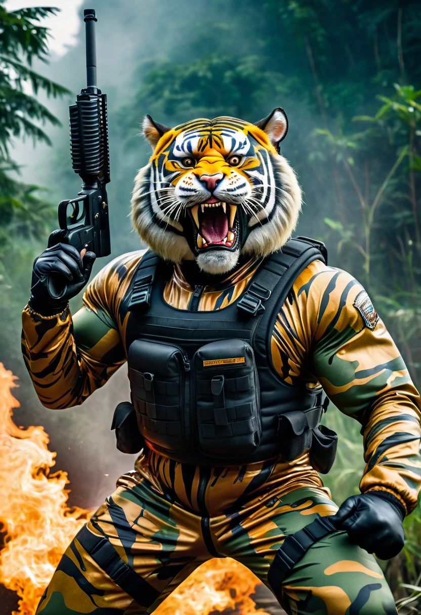 (a dark-skinned bearded fat muscular old man in a bulky army camouflage zipper diver suit) masturbating, thumbs up, carrying a gun, muscular, Bruce Onobrakpeya, sumatraism, stanley artgermm, action, heroic, fierce, smiling