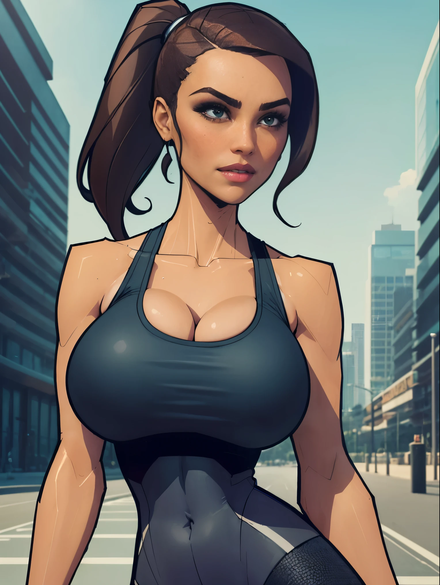 (masterpiece, top quality, best quality, official art, beautiful and aesthetic:1.2), (1girl:1.3), long dark brown hair, ((loose ponytail)), extremely detailed, portrait, looking at viewer, solo, (full body:0.6), detailed background, close up, mischievous green eyes, (warm nature theme:1.1), extremely busty slender brunette, jogging, running, huge lips, cheerful, mysterious, dark grey workout clothes, blue trim, sports bra, racerback, sleeveless, leggings, shorts, ponytail, slender, gigantic breasts, cleavage, skindentation, bouncing breasts, slim waist, slim hips, long legs, modern (city park exterior:1.1) background, bright optimistic lighting, shadows, magical atmosphere, dutch angle