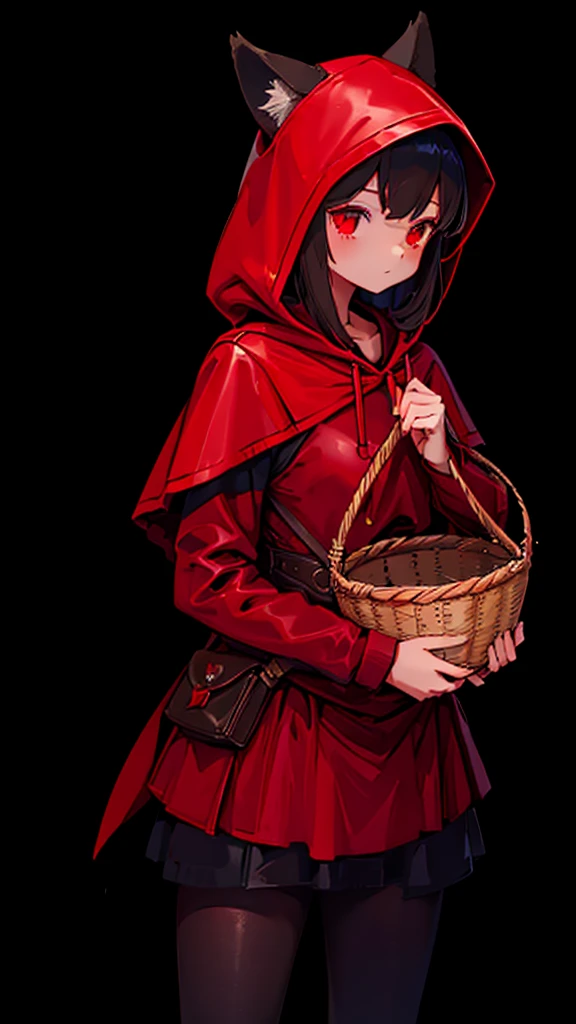 grace,Cool girl,Handsome girl,little Red Riding Hood,Red Cape,Red hood斗篷,Forest Background,Forest Background,Hooded girl with a basket,Wave Girl,Wolf Ear Girl,Wolf Ear Hood,Red hood,Close-up above the waist,Tight leather jacket,hunter style,Tights