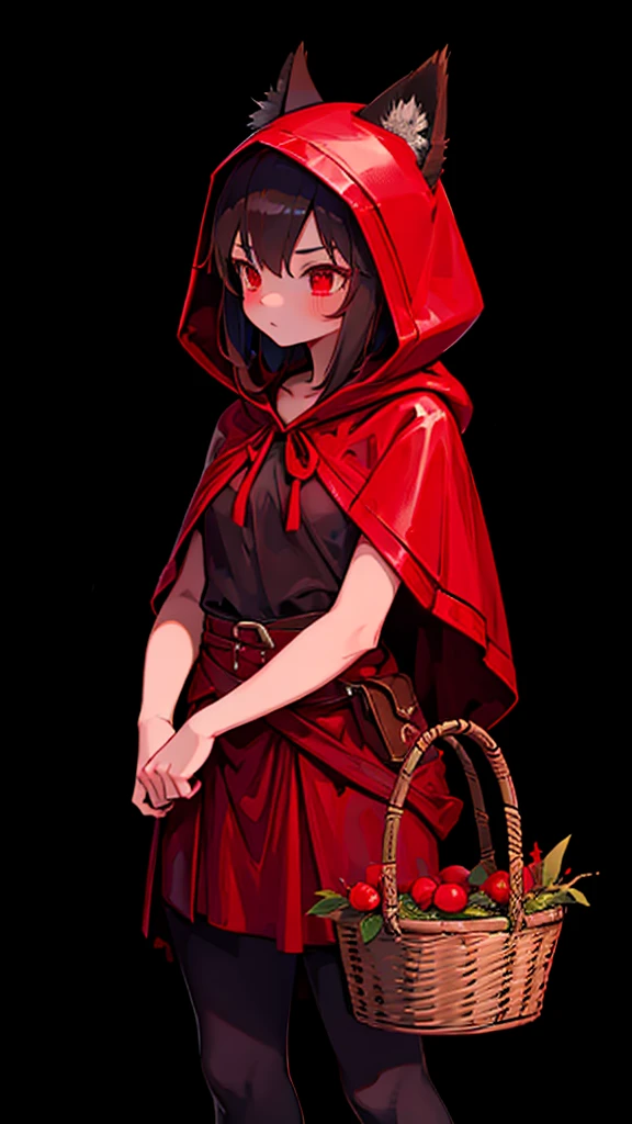 grace，Cool girl，Handsome girl，little Red Riding Hood，Red Cape，Red hood斗篷，Forest Background，Forest Background，Hooded girl with a basket，Wave Girl，Wolf Ear Girl，Wolf Ear Hood，Red hood，Close-up above the waist，Tight leather jacket，hunter style，Tights