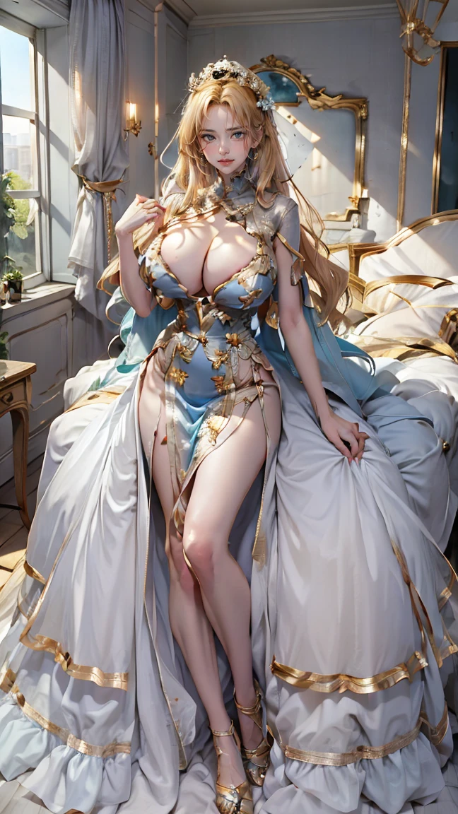 Best quality, masterpiece, ultra high res, raw photo, beautiful and aesthetic, deep shadow, fairy theme,(ultra detailed:1.3),
1girl, dynamic pose, headdress, (beautiful face, detailed eye:1.2), embarrassed, drill hair, long hair, blonde hair, gradient hair, yellow eyes, solo, (busty breasts, gigantic breasts:1.1), big hair, blue hair, divine goddess, looking at viewer, indoors, royal palace, luxurious bedroom, canopy bed, room full of curtain, astraea, full body, evening dress S9,flower