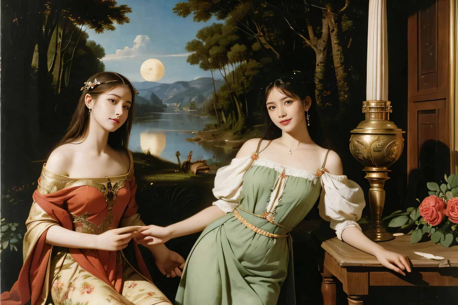 Giorgione painting style,Arguments of two female Philosophe,math、astronomical machine、astronaut、roses in vase、fruits、Cute trinkets、smile、ancient greek costume、Background is a forest lake at night 、Clothes that stretch your shoulders、A big smile