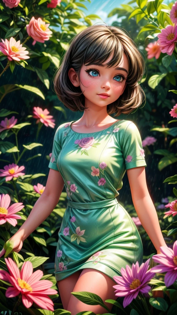 a young girl playing in a garden with blooming flowers after the rain, snail girl, beautiful detailed eyes, beautiful detailed lips, extremely detailed eyes and face, long eyelashes, delicate features, beautiful dress, whimsical expression, (best quality,4k,8k,highres,masterpiece:1.2),ultra-detailed,(realistic,photorealistic,photo-realistic:1.37), beautiful garden, lush foliage, soft lighting, dreamy atmosphere, vibrant colors, nature, fantasy