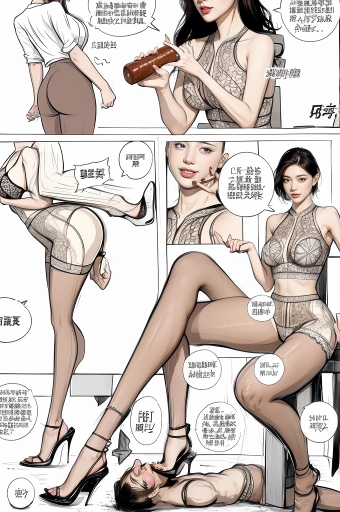The beautiful girl in lace top and leggings is sitting astride a pile of skeletons in the center of the picture. She is holding a trembling sausage with juice squeezed out in her hand and smiling. There are multiple comic storyboards in the background,cbt, sausage bondage,sausage insertion,Sexy, trampling sausage with high heels heel,(masterpiece, best quality:1.2),1 beautiful girl,sexy,comic storyboard:2, leggings, sit astride, axially symmetrical:2, ,femdom,sounding,cbt,hold,smile,colorful,leggings,thin gap,cameltoe,insertion,trembling,juice,spray, Long hair,Lace top,Sexy, Shiny leggings, High heel,cleveage, trampling, in forest, saliva , Mucus,
