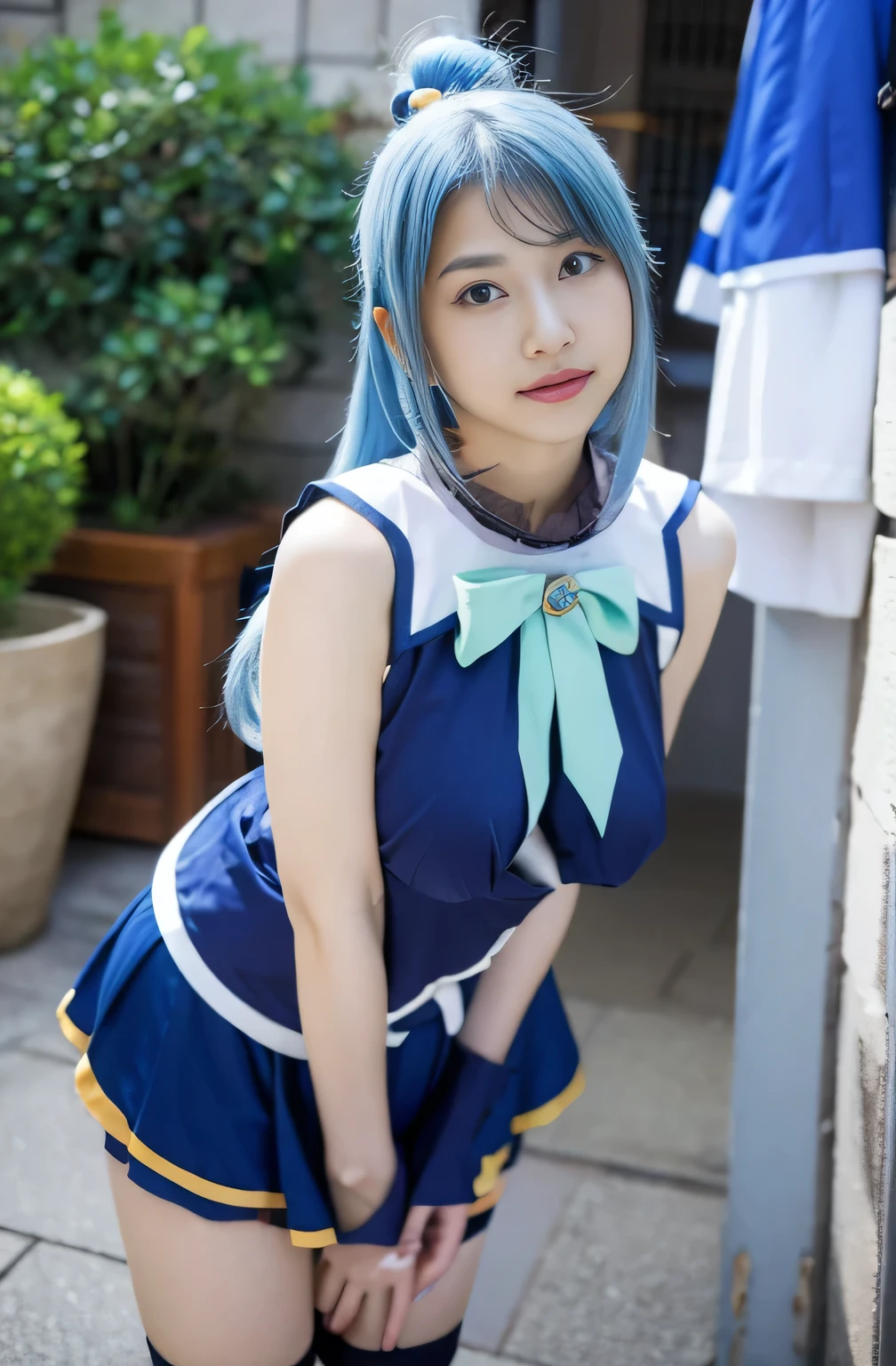 The face is definitely Amamiya Sora，Arabian woman with light blue hair and a blue dress posing for a photo, anime girl Cosplay, anime Cosplay, Aqua from Konosuba, Aqua from KonosubaのCosplay, Cosplay, Cosplay photo, , Cosplayer, Real life anime girls, professional Cosplay, full-Cosplay, Anime Goddess,，Nipples become erect，The position of the nipples is always clearly visible through clothing.，No bra，No bra，Protruding nipples