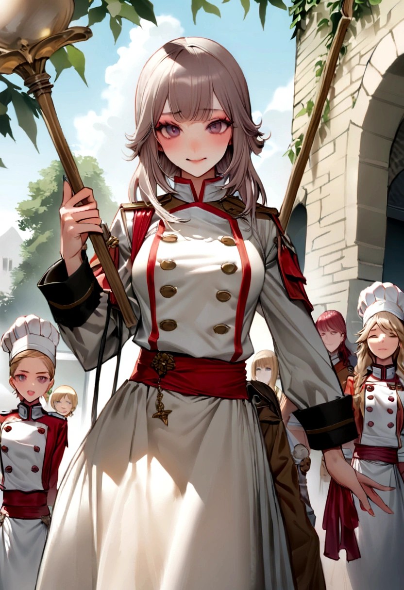 Résolution absurde, Haute résolution, (chef-d'œuvre: 1.4), hyper-détail, site d'essais d'armes sur un quai vide au bord de la mer, 1 jeune femme, cheveux roux courts, costume de soldat, expression très sérieuse