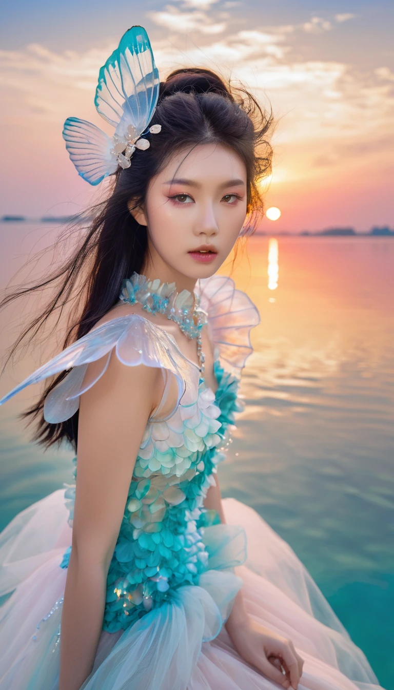 bird’s eye view fashion photoshoot of a cute beautiful face young japanese woman,(realistic beauty skin, beauty detailed face, winged eyes), yeonhwa, wearing a haute couture jellyfish dress, on a tropical white realm dream water catwalk on mars, turquoise lake in the background, pastel sunset