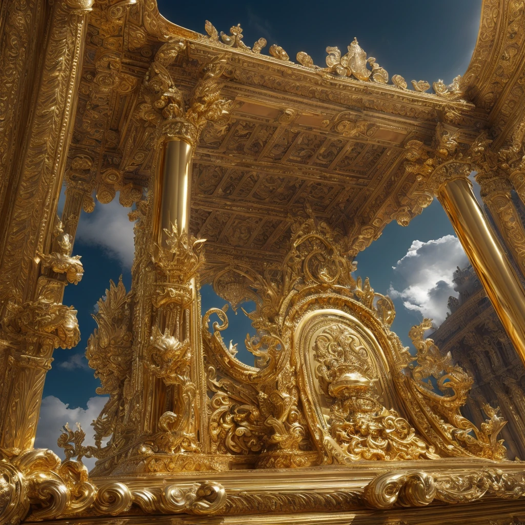 a grand throne, intricate carved details, gleaming gold and silver, majestic and imposing, surrounded by swirling clouds, dramatic lighting, photorealistic, cinematic, highly detailed, masterpiece, 8k, (best quality,4k,8k,highres,masterpiece:1.2),ultra-detailed,(realistic,photorealistic,photo-realistic:1.37),dramatic lighting,cinematic,grand scale,sweeping perspective,awe-inspiring,regal,opulent,ornate,gleaming gold and silver,intricate carved details,monumental,powerful,majestic throne,swirling clouds,dramatic atmosphere