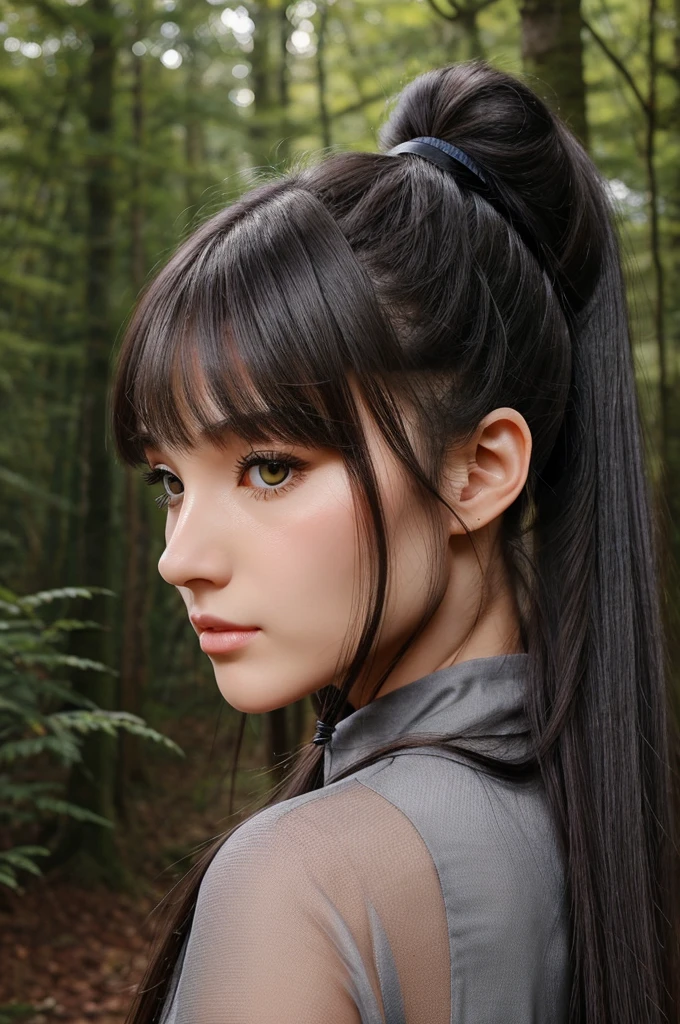 dark gray long hair、ponytail、yellow eyes、Eyes are clear and double、Slightly longer、Bangs see-through、Nose is through、woman、profile slightly turned upwards、The background is in the forest