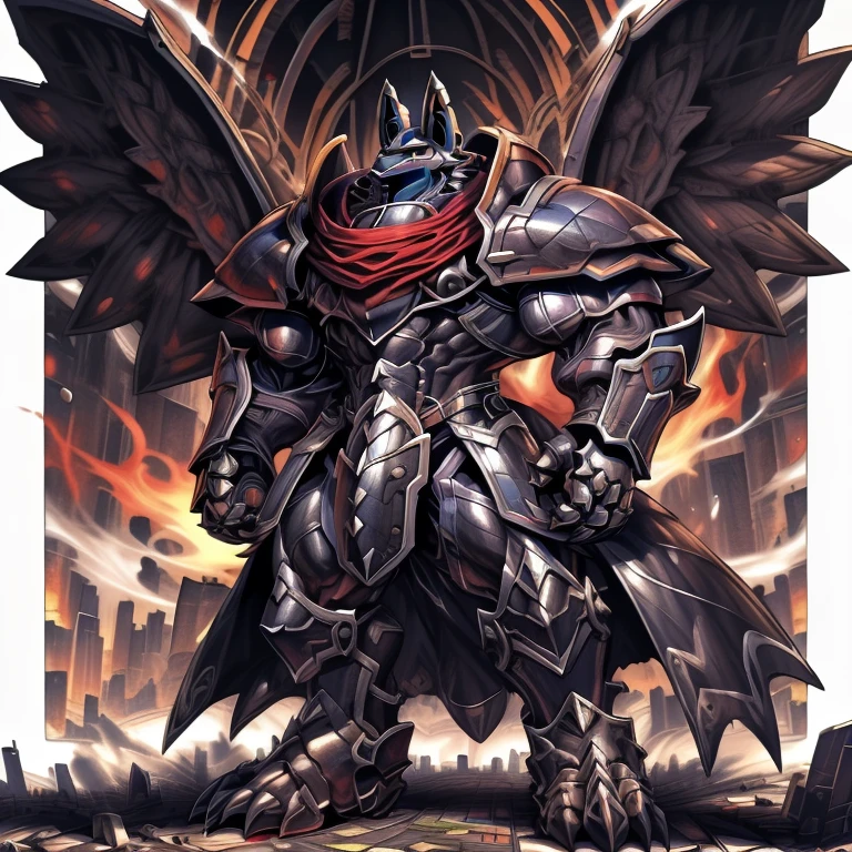 (masterpiece. official art. 8k. best quality. detailed full body. full body.)

(situation 1 : dominating LUCARIO. LUCARIO is over 1000 meters long. focus GIANT mechanical Muscular LUCARIO is trampling the city. Looking down. macro. stomp. Low-angle perspective. emphasizing the immense size.)

(situation 2 :smoke and flames rising from the destruction in the city)

(Additional details 1: BlackKnight_fe. Armor. Cape. Helmet. Sword. wearing a full-face helmet. high-tech bio-mecha armor. real texture material. whole body shines like metal. Wearing cyberpunk mecha. emphasizes the muscles. suit fully made of metal. intricate armor. Robotic suit. suit fully made of metal. cyborg. Powered exoskeleton with the same design as LUCARIO).

(Additional details 2: Detailed head. Detailed Body. Detailed abs. gigantic muscles. HYPER MUSCLES. Gigachad Muscular. big muscle. pecs. triceps. traps. unusually developed muscular body. body full of huge muscles. showing off muscles. pectorales enormes. Exaggeratedly huge muscles. huge muscles. long legs.).

(Additional details 3: nj5furry, Spread wings. It has wings. black have big wings. The claws are sharp. Sharp teeth.). 

(Additional details 4: tiny thong, metallic color: jet black thong. bulge in the crotch.)