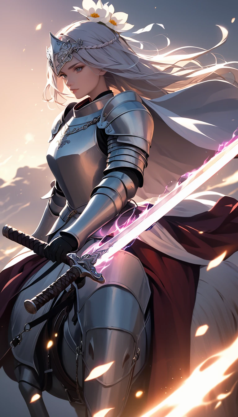 A female knight on horseback. She is holding a sword. A white flower on her head. The sword has a glowing aura. The background is black.